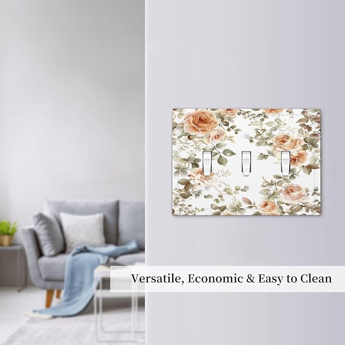 Decorative Switch Plates Vintage Warm Color Orange Flowers And Leaves 3 Gang Wall Plate Triple Toggle Light Switch Cover Faceplate Electrical Wall Panels for Bedroom living Room Decor