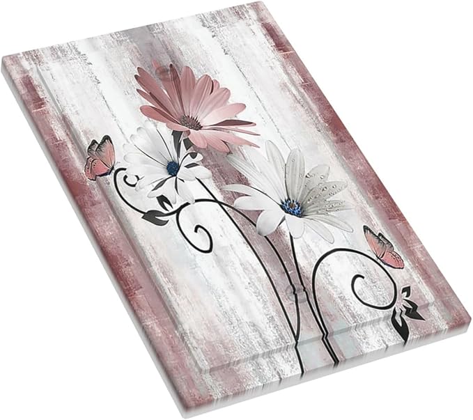 Light Switch Cover Plate Pink White Daisy Butterfly Wood Grain 1 Gang No Device Blank Electrical Wall Plates Faceplate Decorative Switch Plate for Farmhouse Bathroom Decor