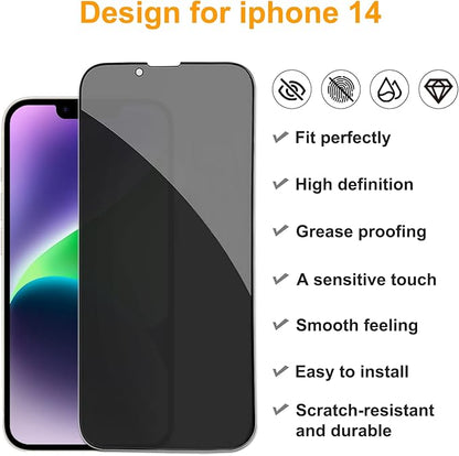 PEHAEL 2+2Pack for iPhone 14 Privacy Screen Protector with Camera Lens Protector Full Coverage Anti-Spy Tempered Glass Film 9H Hardness Easy Installation Bubble Free [6.1 inch]