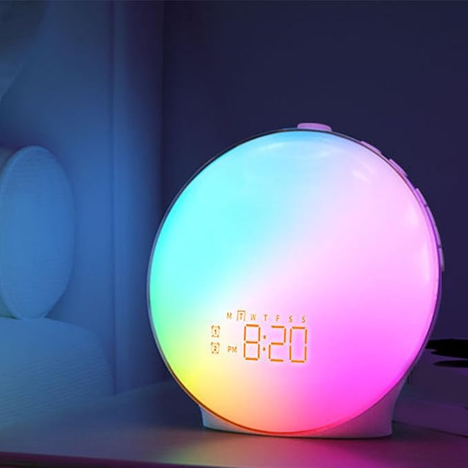 Full Screen Wood Grains Wake Up Lamp with Soft LED Lighting and Color Sunrises Simulation Digital Alarm Clock
