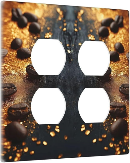 Decorative Outlet Covers Black Wood Board Gold Dust Coffee Beans 2 Gang Wall Plate Cover Double Duplex Receptacle Two Switch Light Switch Cover Plate Jumbo Face Plate