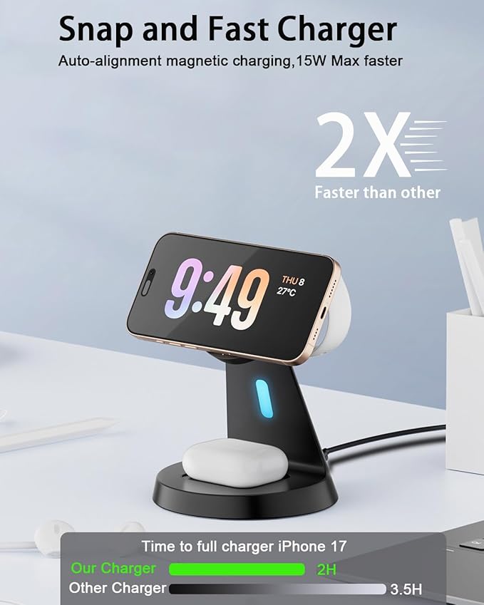 3 in 1 Wireless Charging Station for Apple Magsafe Charger Stand,Fast Magnetic Wireless Charger Station for iPhone 17 Air 16 15 14 13 12 Series,Apple Watch,Airpods