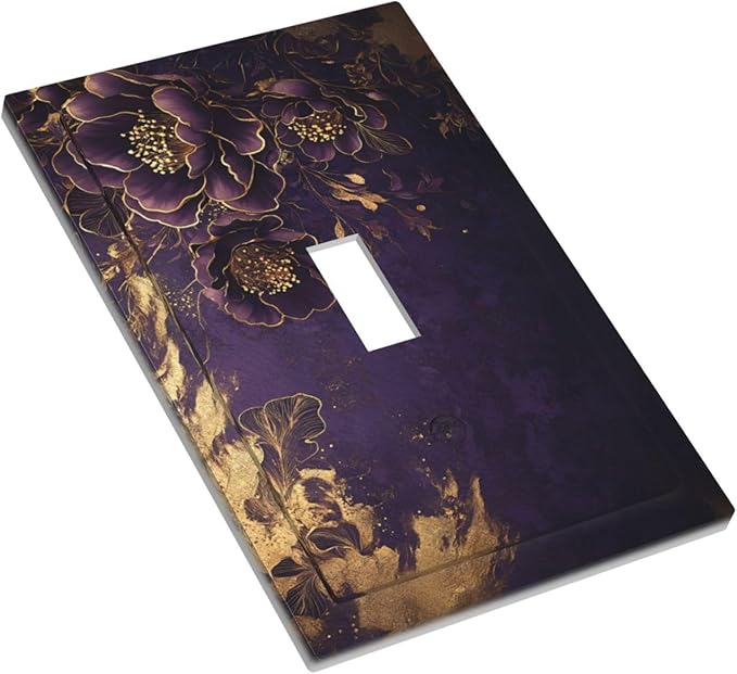 Decorative Light Switch Cover Vintage Purple Peony Gold Leaf Flowers Floral 1 Gang Wall Plate Oversized Single Toggle Jumbo Electrical Switchplate Face