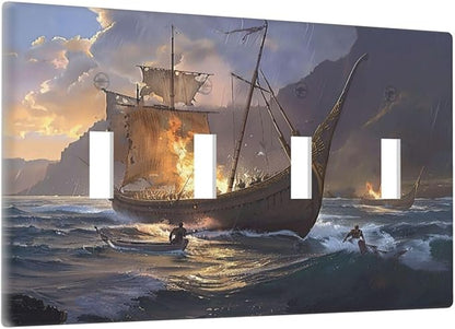 Light Switch Cover Plate Medieval Vintage Sailing Adventure Sailings Ocean Waves 4 Gang Quad Toggle Wall Plate Electrical Outlet Cover Decorative Switch Plate Covers for Bedroom Cabin Decor