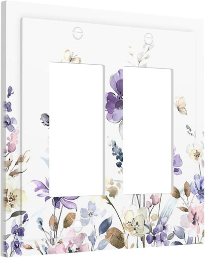 Decorative Outlet Covers Purple Floral Lilac Watercolor Flower Leaves Butterfly Wildflower 2 Gang Double GFCI Rocker Electrical Wall Panels Light Switch Cover Plate for Bedroom Home Decor