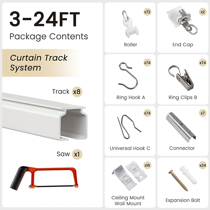 Aluminum 18 ft–24 ft Ceiling Curtain Track Set with 3 Types of Hooks, Adjustable Ceiling/Wall Mount Room Divider Curtain Rail System, White