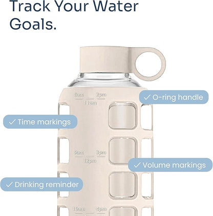 purifyou 40oz / 32oz / 22oz / 12oz Borosilicate Glass Water Bottle with Time & Volume Markers, Silicone Sleeve, Stainless Steel Lid | Reusable Glass Bottle for Water & Juice (22oz Pearled Ivory)