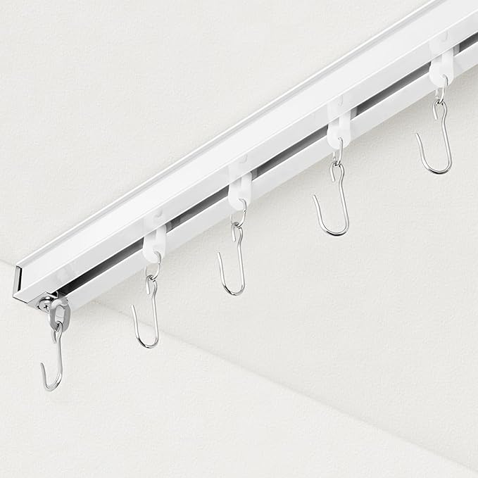 Curtain Track, Ceiling Curtain Track for Room Divider, Ceiling Mount Rail Set with Roller Hooks, White, 9ft - 12ft