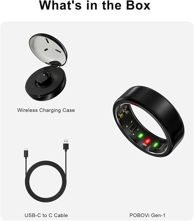 Smart Ring for Women Men- Sleep/Fitness/Stress/Heart Rate Tracker- Menstrual Records - 7 Days Battery Life - Wireless Charging - No APP Subscription - iOS & Android Compatible (Black, Size 7)