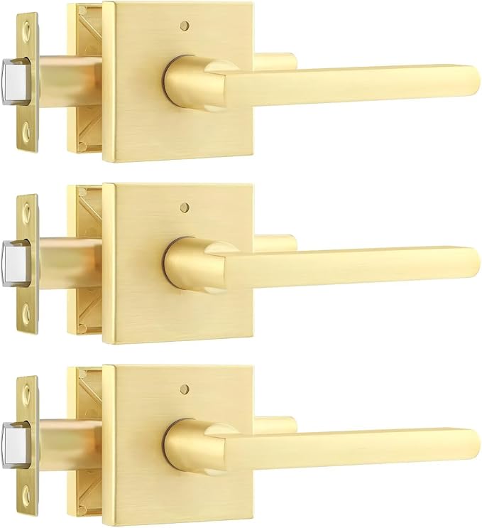 Leydebong 3 Pack Gold Door Handle Heavy Duty, Keyless Door Knob Reversible Square Door Lever for Bedroom, Bathroom and Rooms