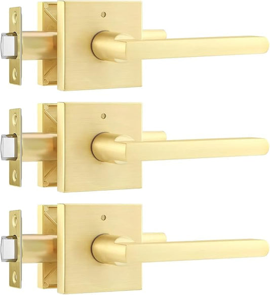 Leydebong 3 Pack Gold Door Handle Heavy Duty, Keyless Door Knob Reversible Square Door Lever for Bedroom, Bathroom and Rooms