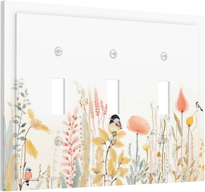 Decorative Switch Plates Colorful Floral Watercolour Cuddly Bird 3 Gang Wall Plate Triple Toggle Light Switch Cover Faceplate Electrical Wall Panels For Bed Room Living Room Decor