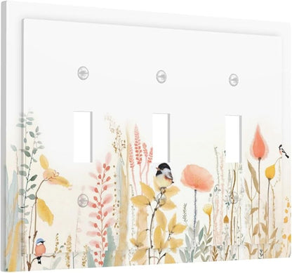 Decorative Switch Plates Colorful Floral Watercolour Cuddly Bird 3 Gang Wall Plate Triple Toggle Light Switch Cover Faceplate Electrical Wall Panels For Bed Room Living Room Decor