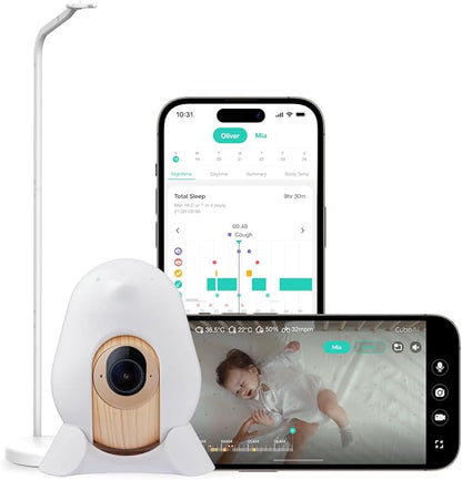 CuboAi 2025 New Model Smart Baby Monitor 3: Sleep Safety Alerts for Covered Face Rollover, 2.5K QHD Night Vision WiFi Camera, 2-Way Audio, Humidity Sensor, Lullabies. App Control (Floor Stand Set)