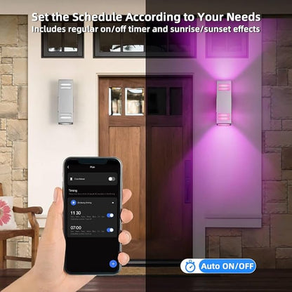SHIMR Smart Outdoor Wall Lights 2 Pack, RGB Color Changing WiFi & Bluetooth Sconce, Stainless Steel, Dusk to Dawn Sensor, Waterproof Exterior Lighting Fixture with E26 Base, Work with Alexa & Google