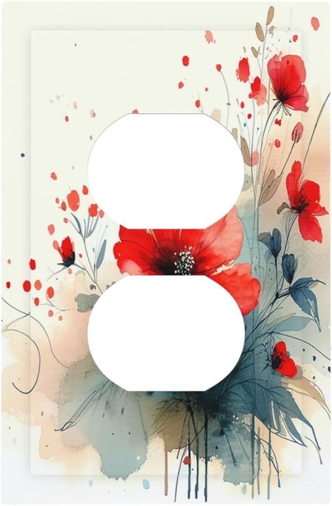 Vintage Floral Red Watercolor Modern Outlet Covers 1 Gang Duplex Light Switch Cover Wall Plate Decorative Switch Plates Electrical Receptacle Faceplate for Bedroom Bathroom Decor