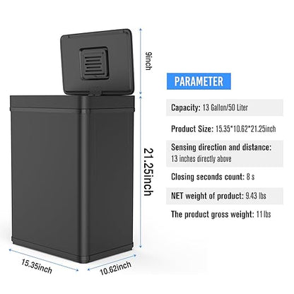 50L / 13 Gallon Smart Automatic Trash Can with Deodorizer Compartment, Stainless Steel Body and Mute Sensor Lid for Kitchen Office Living Room and More, Assemble Large Capacity Garbage Can - Black