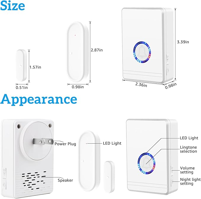 Greencycle Wireless Door Open Sensor Chime, Door Entry Chime with Adjustable Volume, LED Flash, 48 Chimes, Nightlight Function, Magnetic Door Chime for Business Home Office Store(1Receiver+2 Sensors)