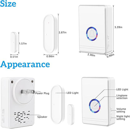 Greencycle Door Chime, Wireless Door Open Contact Sensor Alarm,Plug-in Doorbell, 1300 FT Range, 48 Chimes, 5 Volume Levels, Alert for Business/Store/Home/Office When Entering, LED Night Light