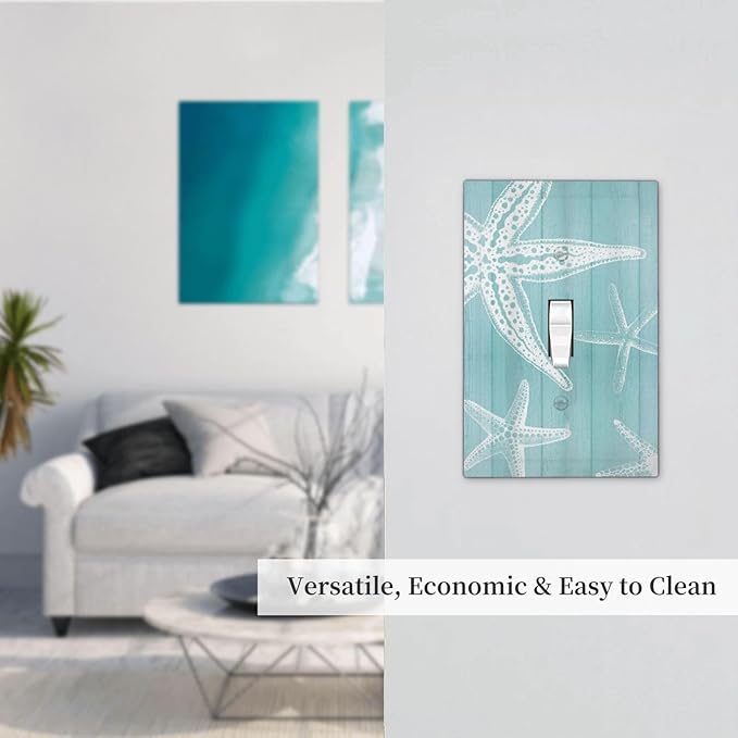 Decorative Light Switch Cover Plate Starfish Teal Wood Board Nautical 1 Gang Single Toggle Wall Plates for Electrical Outlets Outlet Covers Switch Plate Covers Faceplate for Bedroom Home Decor