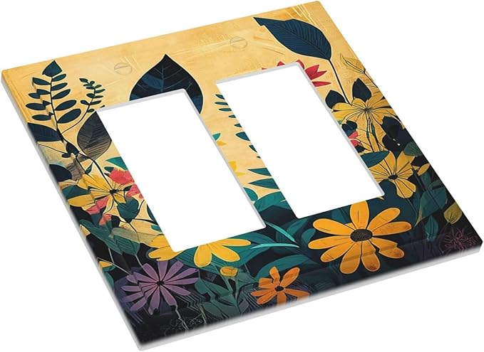 Abstract Minimalist Floral Botanical Boho Flower Outlet Covers Light Switch Cover Plate 2 Gang Double Rocker Wall Plates Decorative Switch Plates Plug Cover Electrical GFCI Receptacle 4.9 X 5 IN