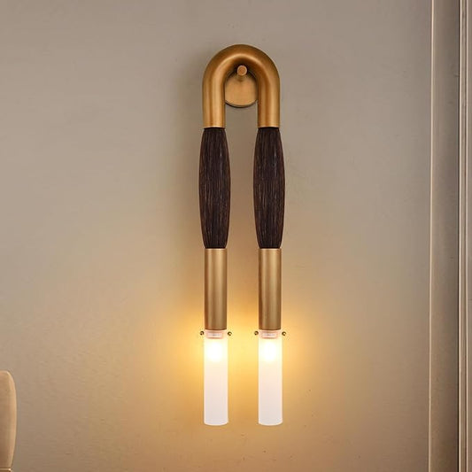 30 Inch Brass Wall Sconce, Decorative Natural Brown Horsehair Vintage sconces Wall Decor with Frosted Glass Shade, Mid-Century Modern Wall Lights for Hallway, Bedroom or Living Room.