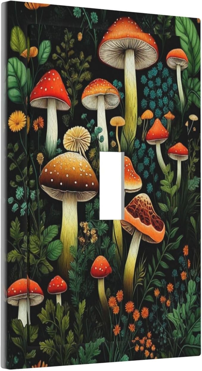 Decorative Light Switch Plate Covers Boho Red Mushroom Green Leaf Plants Floral 3 Gang Wall Plate Switch Cover Plate Triple Toggle Jumbo Electrical Faceplate for Bedroom Home Decor