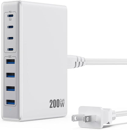 200W USB C Charger Block,GaN IV Charging Station 8 Ports,QC4.0 Fast Charging Station Hub+PD 65W USB C Laptop Charger Adapter Compatible with MacBook Air/Pro,DELL,iPhone 17/16/15,iPad,Steam Deck-White