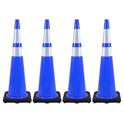 4 Pack 36 Inch Blue Traffic Cones Black Base, Tall Durable Safety Cones for Driveway Control, Event Organization, Construction Zones (4, Blue, 36 Inch)