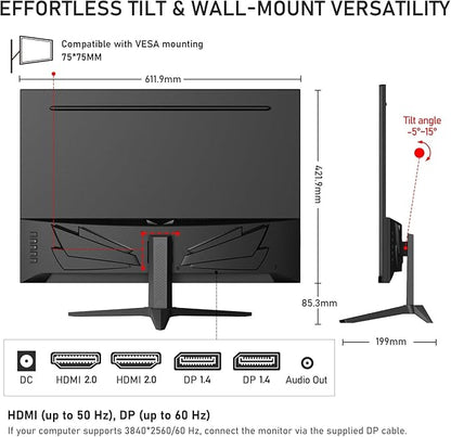 Gawfolk 28 Inch 4K Monitor IPS 60Hz, UHD (3840x2560p) PC Screen Built-in Speakers, Ultra HD Computer Dispaly for Home & Office, Support HDMI & DP, 3:2, 10Bit, 1.07 Billion Colours
