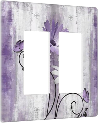 Decorative Outlet Covers Rustic Purple Daisy Grey Flowers 2 Gang Wall Plate Double Rocker Two Switch Wall Cover Plate Light Switch Cover Plate Faceplate for Country Bedroom Home Decor