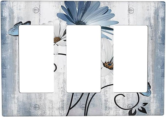 Decorative Outlet Covers Rustic Blue White Daisy Ink Flower 3 Gang Light Switch Cover Plate Triple Rocker Wall Plates for Electrical Outlets Switch Plate Covers for Bedroom Home Decor