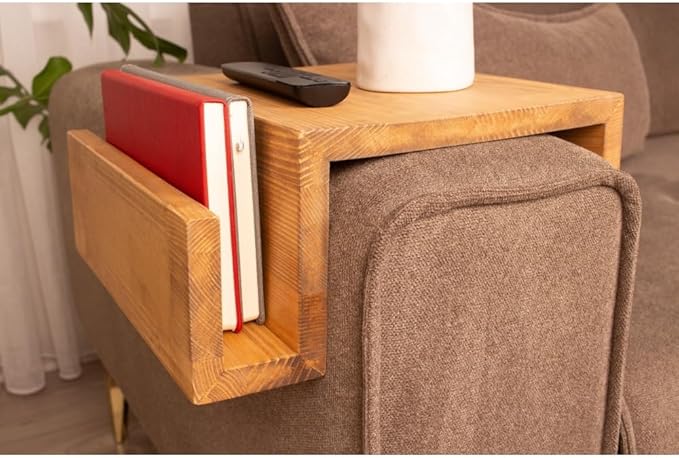 Wooden Couch Arm Tray – Sofa Armrest Table with Book & Magazine Holder, Perfect for Coffee & Remote Control, Solid Wood (Madrid)