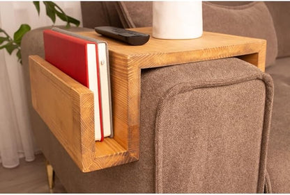 Wooden Couch Arm Tray – Sofa Armrest Table with Book & Magazine Holder, Perfect for Coffee & Remote Control, Solid Wood (Madrid)