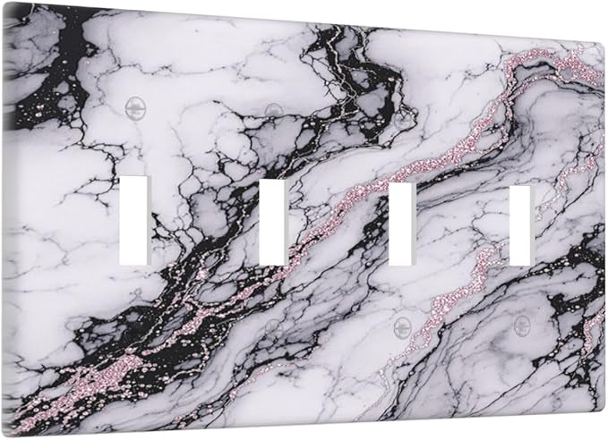 Light Switch Covers White Marble Pattern Black Lines Pink Lines Quad Toggle Electrical Faceplate 4 Gang Wall Plate Decorative Switch Plates for living Room Office Decor