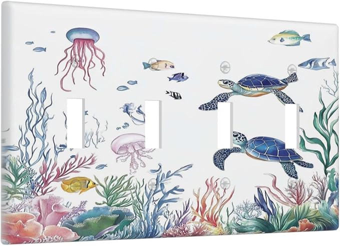 Blue Sea Turtle Ocean Fish Octopus Coral Light Switch Covers Quad Toggle Electrical Faceplate 4 Gang Wall Plate Decorative Switch Plates For Bathroom Kids Room Decor