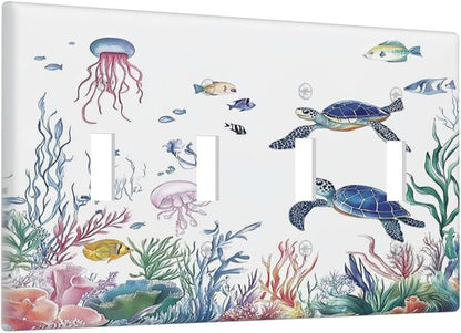 Blue Sea Turtle Ocean Fish Octopus Coral Light Switch Covers Quad Toggle Electrical Faceplate 4 Gang Wall Plate Decorative Switch Plates For Bathroom Kids Room Decor