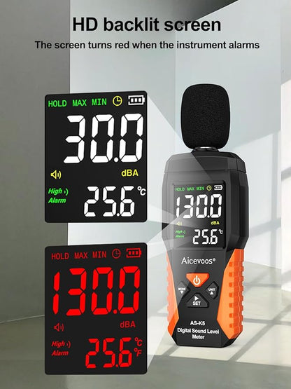 Decibel Meter Portable Sound Level Meter dB Meter decibel sound Meter Measuring 30~130 dB, Audible and Visual Alarms, MAX/MIN Noise Measurement