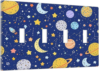 Stars Starry Night Sun Moon Planet Constellations Light Switch Covers Quad Toggle 4 Gang Wall Plate Decorative Switch Plates Electrical Faceplate for Bedroom Bathroom Decor