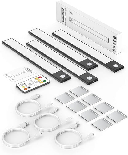 12" Ultra-Thin Under Cabinet Lighting Wireless, Aluminum Alloy Under Counter Lights for Kitchen, 3-Color-Temps Magnetic Closet Lights, Rechargeable Motion Sensor Light Indoor (4 Pack, Black)