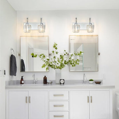 Modern Bathroom Vanity Light, 2-Light Chrome Wall Sconce with Crystal Accents, Over Mirror Bathroom Lighting Fixture, 13.77" Long Dimmable Vanity Lamp for Makeup, Easy Installation