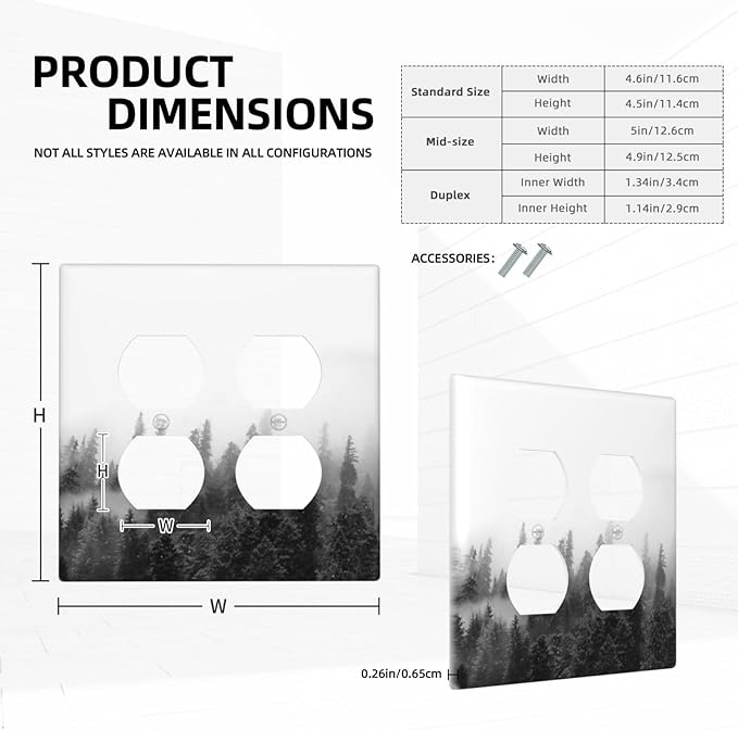 Outlet Covers Fores Black White Landscape Misty Woods 2 Gang Double Duplex Decorative Light Switch Covers Electrical Wallplates Socket Faceplate For Farmhouse Cabin Decor