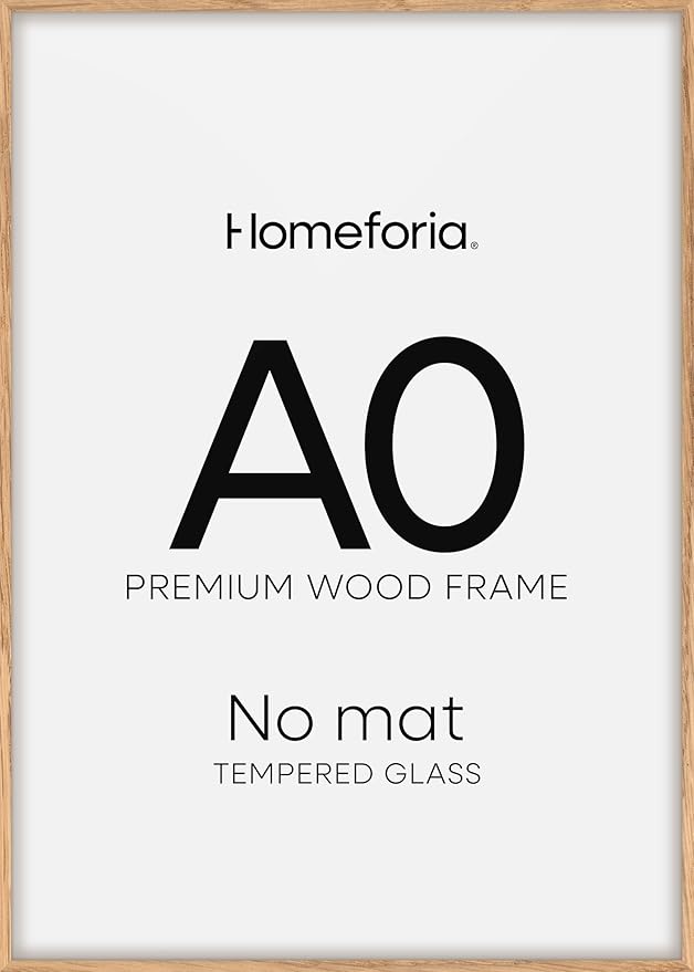 Homeforia A0 Poster Frame Natural Wood, High End Oak 33.1 x 46.8 Large Wooden Picture Frames Matted to 23.4 by 33.1 for Photo, A0 Size Light Wood Frames with Mat A1, Tempered Glass, Wall Kit, Set of 1