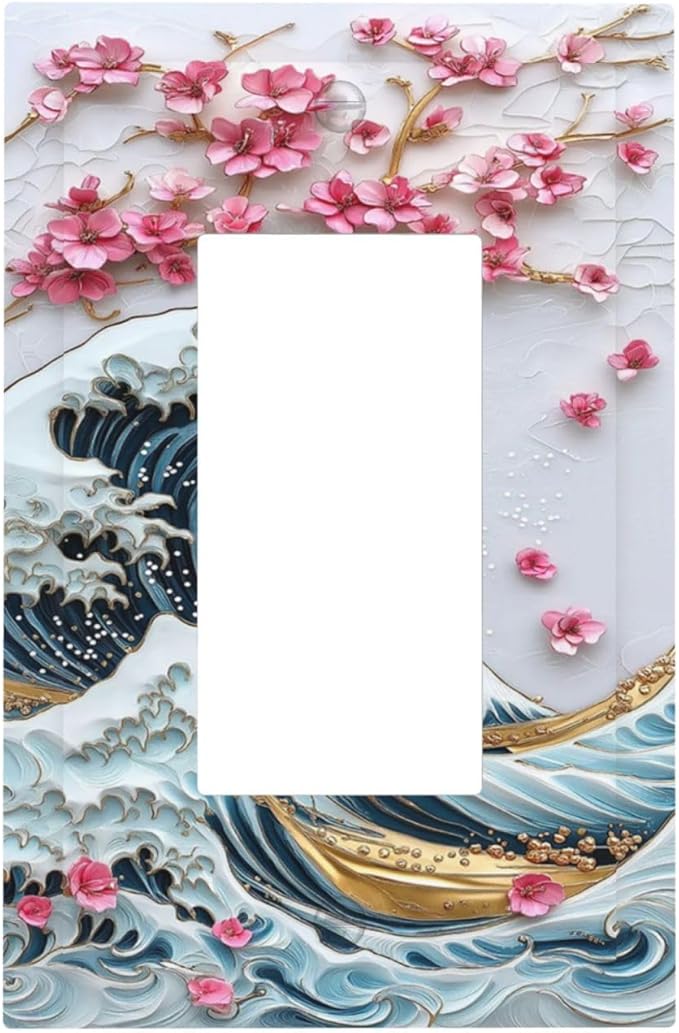 Decorative Outlet Covers The Great Wave Off Kanagawa With Sakura 1 Gang Single Rocker Light Switch Cover Plate Wall Plates GFCI Faceplate for Bedroom Bathroom Decor