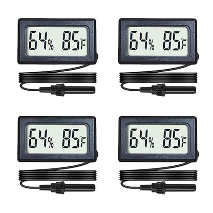 4-Pack Mini Digital Hygrometer Thermometer Gauge with Probe LCD Display Temperature Fahrenheit Humidity Meter for Incubator Reptile Plant Terrarium Sealed Containers Guitar Case