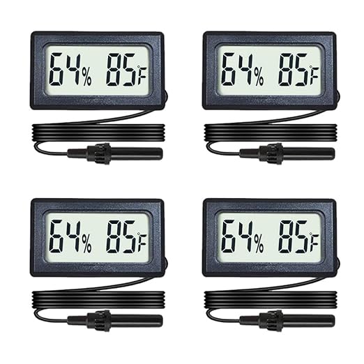 4-Pack Mini Digital Hygrometer Thermometer Gauge with Probe LCD Display Temperature Fahrenheit Humidity Meter for Incubator Reptile Plant Terrarium Sealed Containers Guitar Case