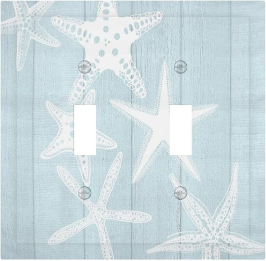 Beach Starfish Vintage Wood Rustic Country Ocean Decorative Switch Plates 2 Gang Double Toggle Outlet Light Switch Cover Wall Plate Electrical Faceplate for Farmhouse Kids Room Decor