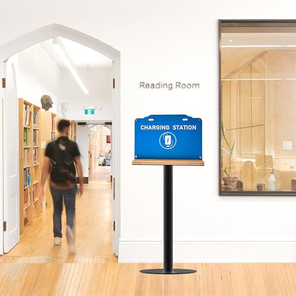 Steady Floor Stand Public Cell Phone Charging Station with 8 Ports High Speed Cables, Multi-Device Charging Shelf with Bamboo Tray, Application for Schools, Office, Business,Events