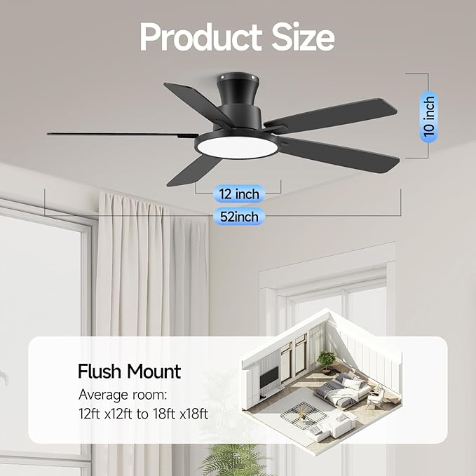 Ceiling Fans With Lights,52 Inch Smart Ceiling Fan, Remote/App Control, Compatible with Alexa/Google Assistant,Reversible,Dimmable,Adjustable Color Temperature,6 Speeds,Timer(Black)