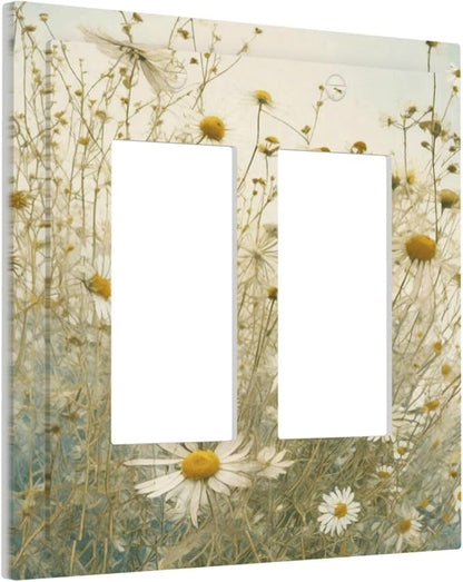 White Wildflowers Daisy Vintage Floral Decorative Outlet Covers 2 Gang Double GFCI Rocker Electrical Wall Panels Light Switch Cover Plate for Bed Room Living Room Decor